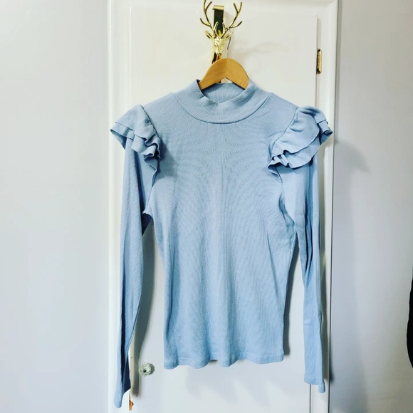 TLA Anthropologie | NWT Blue Ruffle Shoulder Long Sleeve Top - Picture 1 of 9